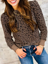 Load image into Gallery viewer, Brown Ribbed Trim Leopard Print Long Sleeve Top