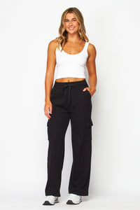 Soft Brushed Rib-Cargo Sweatpants - Black