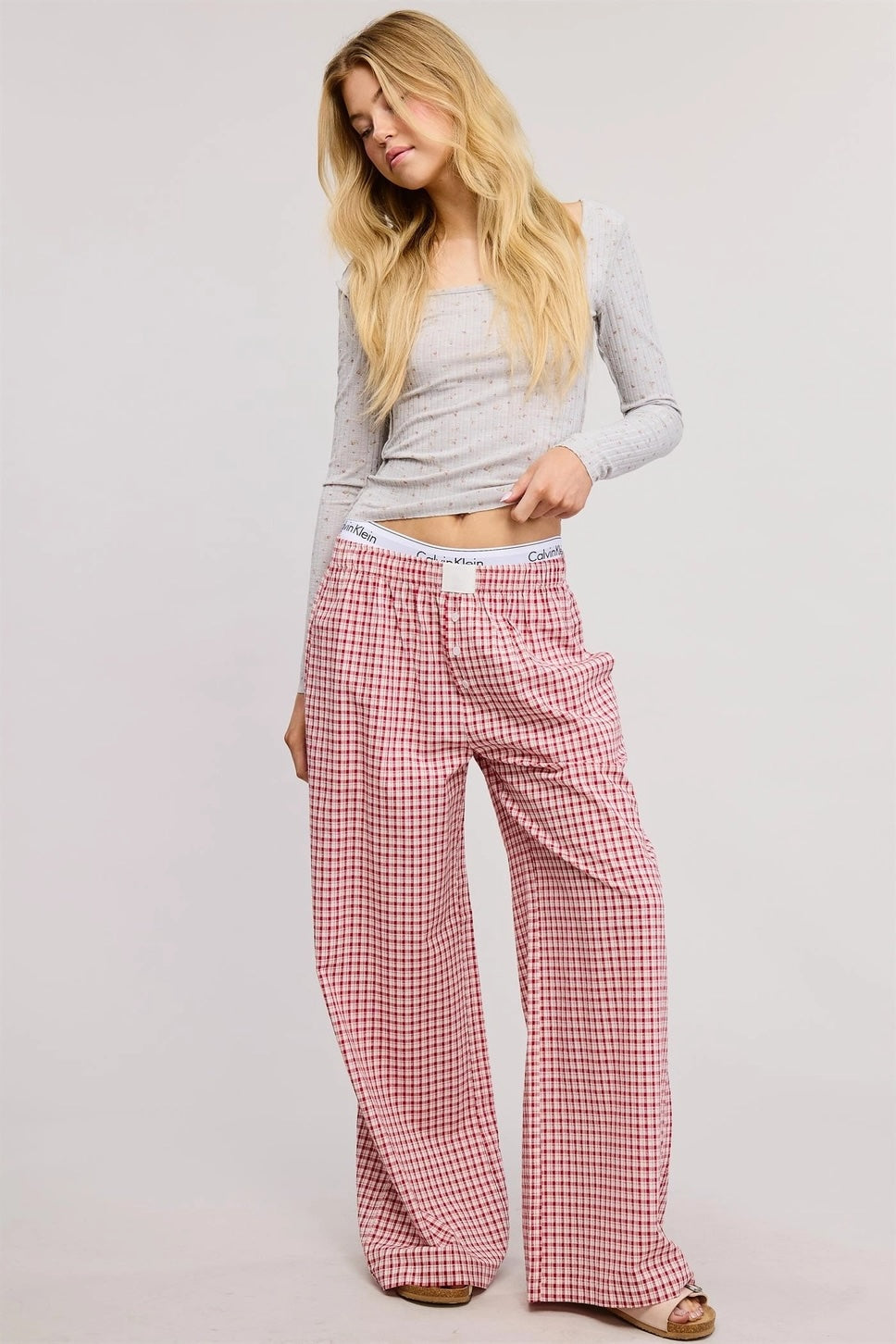 Mimosa - Mid-Low Rise Elasticized Waistband Gingham Pattern Pants
