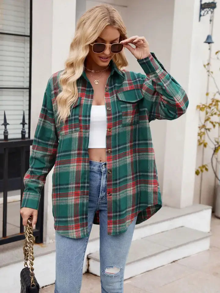 Women’S Casual Loose Fit Plaid Button Shirt