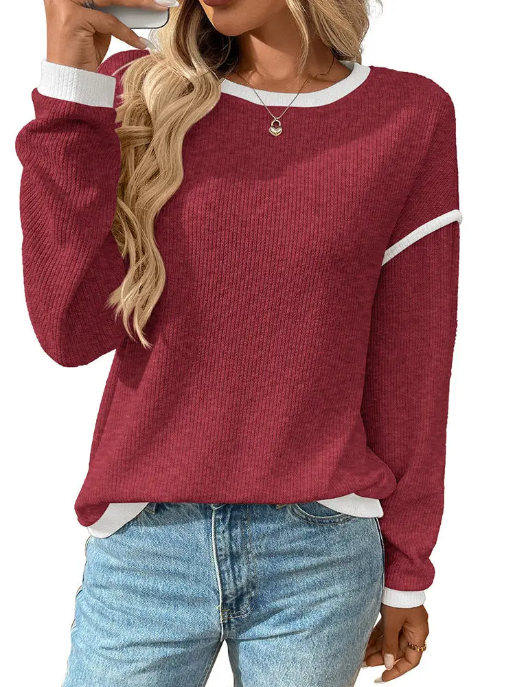 Colorblock Crewneck Knit Look Long Sleeve-Burgundy