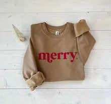 Load image into Gallery viewer, Embossed Merry Sweatshirt, Christmas Sweater, Christmas Shirt, Oversized Cozy Sweatshirt, Holiday Women&#39;s Shirt, Christmas Party Shirt
