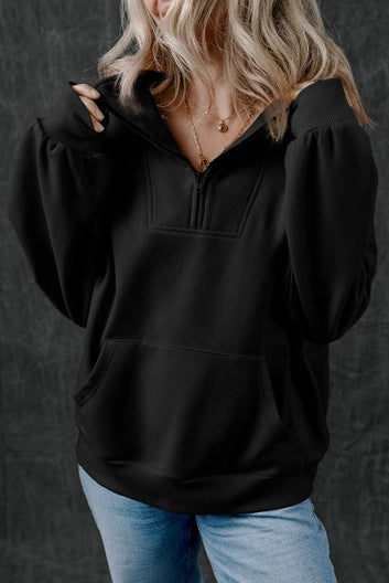 Black Zip-Up Kangaroo Pocket Sweatshirt