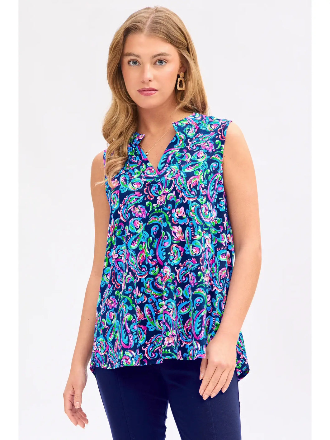 Dear Scarlett - Abstract Print Split Neckline Sleeveless- Royal Blue