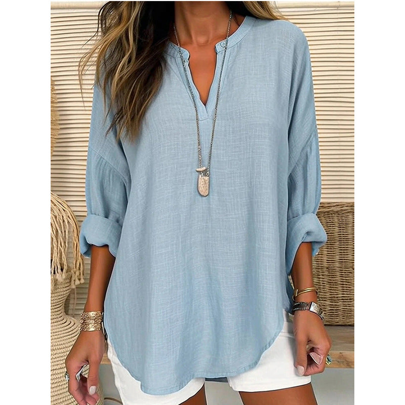 Linen Longsleeve Casual V Neck Blouse