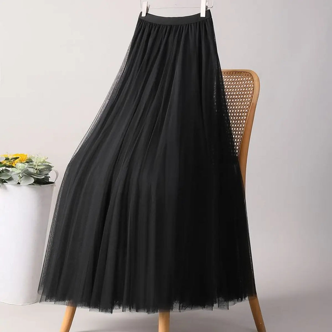 Solid Color Elastic-Waist Mesh Tulle A-Line Skirt