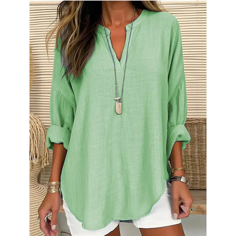 Linen Longsleeve Casual V Neck Blouse