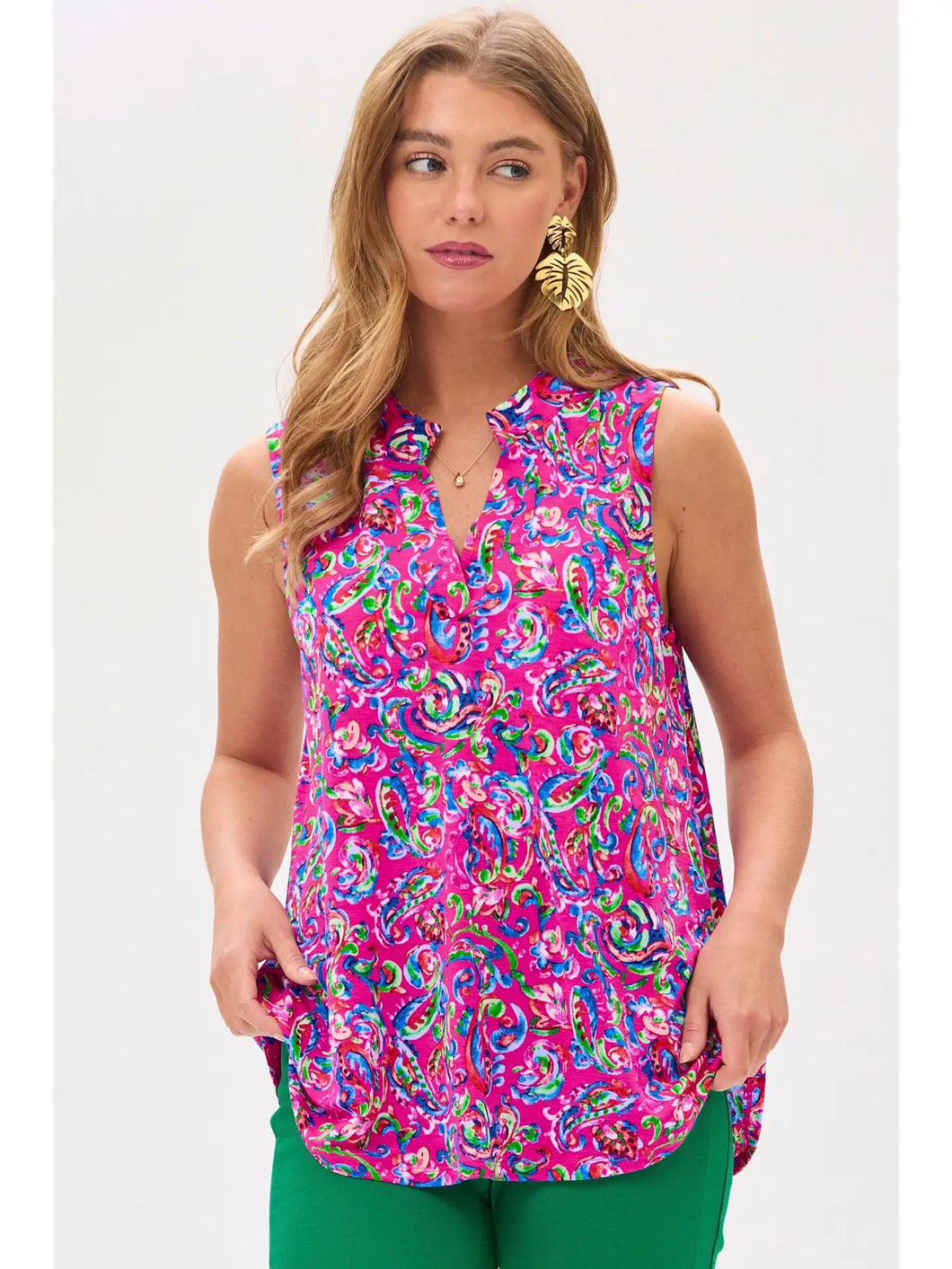 Dear Scarlett - Abstract Print Split Neckline Sleeveless- Hot Pink