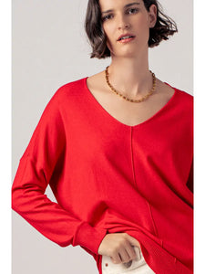 Red V-Neck Tunic Sweater by Urban Daizy