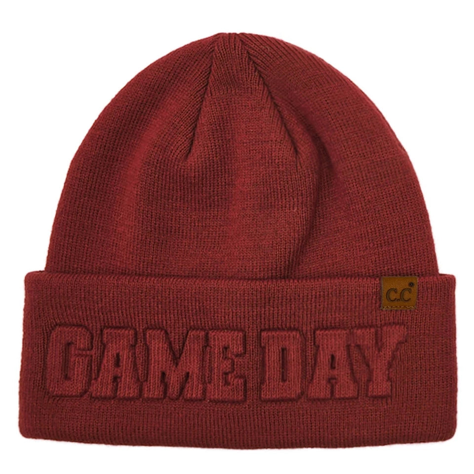 C.C Women Team GAME DAY Embossed Lettering Solid Color Cuff Beanie Winter Hat Crimson