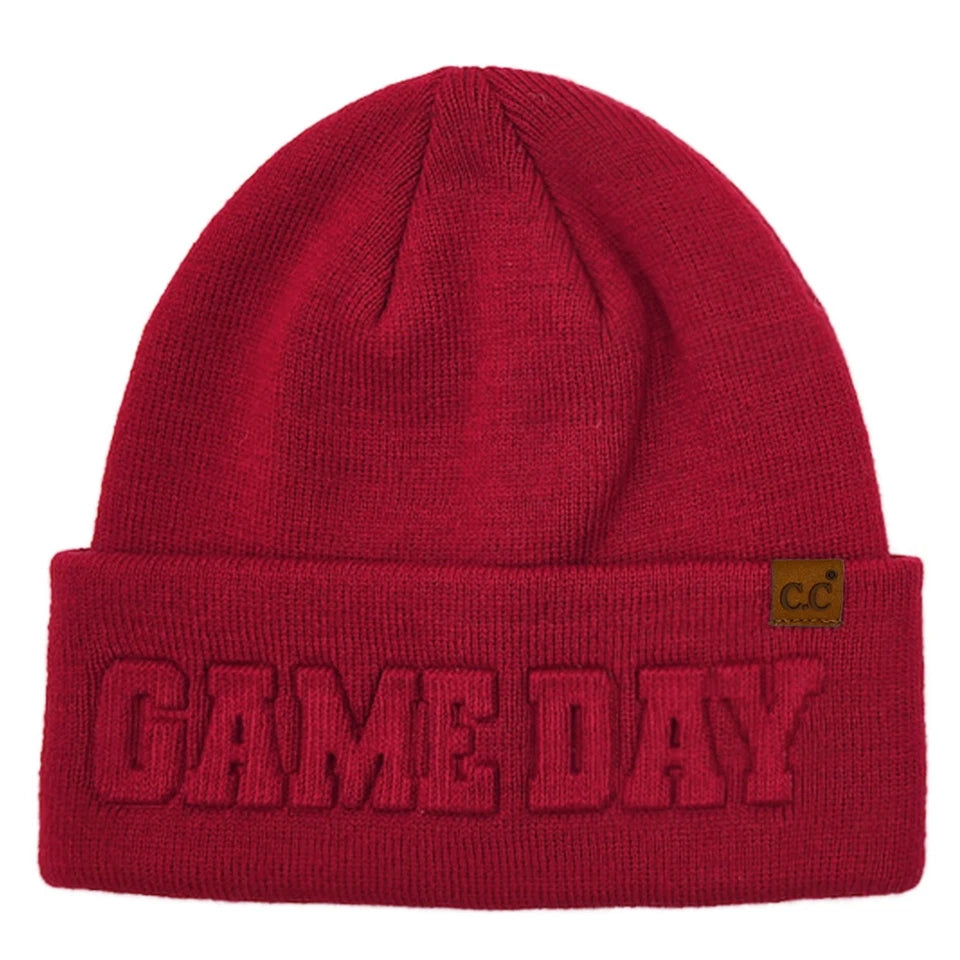 C.C Women Team GAME DAY Embossed Lettering Solid Color Cuff Beanie Winter Hat Red