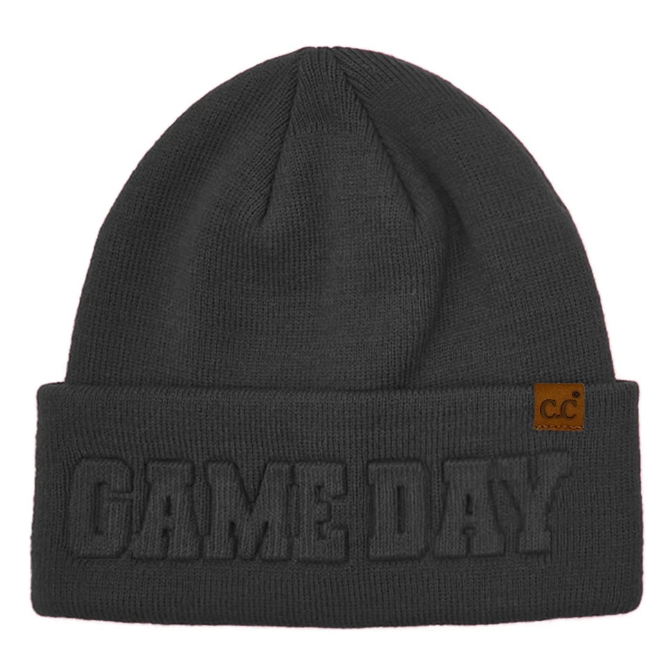 C.C Women Team GAME DAY Embossed Lettering Solid Color Cuff Beanie Winter Hat Black
