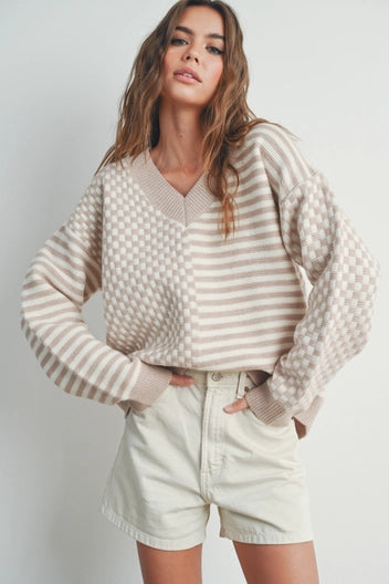 Checker Pattern Drop Shoulder Sweater