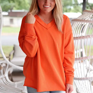 Oversized French Terry V-Neck Pullover - Sunset